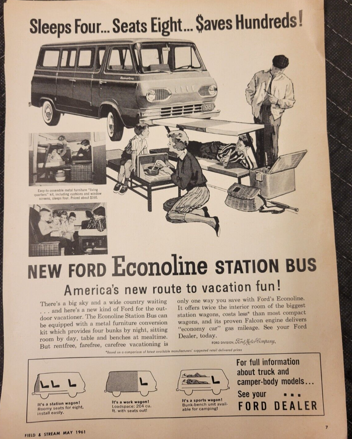 Vintage Black White Ad Page Ford 1961 Ecoline Station Bus - $6.62
