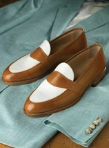 Handmade Men Brown and white leather shoes, Men slip ons Men dress leather shoes - £117.98 GBP+
