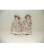 Pair of Vintage Porcelain Dolls in Floral Dresses with Blonde Hair Blue ... - $12.74