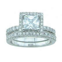 3.30 tcw Princess Cut 2pcs Bridal Ring Set w/ Matching Wedding Band Solid Silver - £64.33 GBP