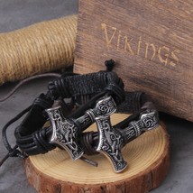 Thor&#39;s Hammer Wrap Viking Bracelet Leather Hatchet Pirate Men Bangle Jewelry Gif - £12.74 GBP