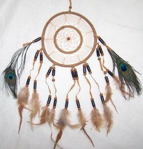 LARGE NEW 14 INCH BROWN DREAM CATCHER W  REAL PEACOCK FEATHERS wood bead... - £5.16 GBP