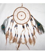 LARGE NEW 14 INCH BROWN DREAM CATCHER W  REAL PEACOCK FEATHERS wood bead... - $9.02 CAD