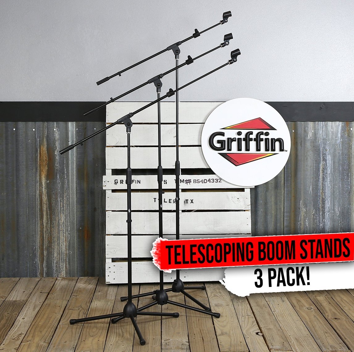 Microphone Stand (Pack of 3) with Telescopic Boom Arm by GRIFFIN | Mic Clip Adap