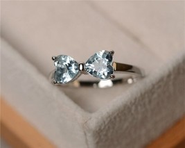 Natural Aquamarine Heart Shape Promise Ring, 14K White Gold Plated Jewelry - £54.11 GBP