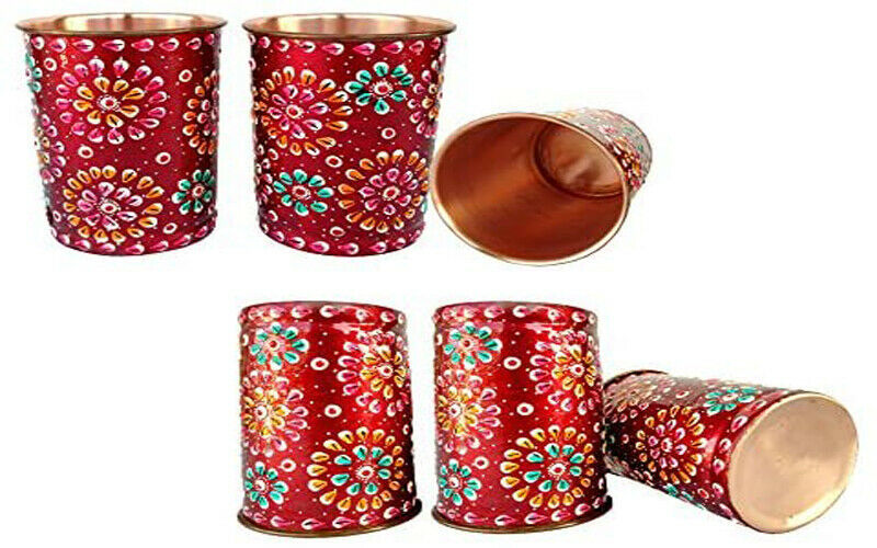 Pure Copper Glass Tumblers Hand Painting Art work Outer Side Red Meena Work (6) - $30.84