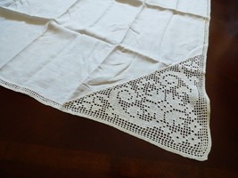 VTG off White Linen Cotton large Crochet corners Bridge Tea Table Cloth ... - $44.55