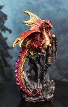 Metallic Crimson Red Dragon Guarding Castle Tower On Mountain Cliff Figu... - $16.99