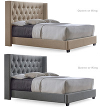 King Queen Wingback Padded Fabric Bed Frame Brown Or Gray - Box Spring Friendly! - £589.74 GBP+