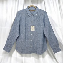 UNTUCKit Villa Fiore Shirt Women&#39;s 12 Blue Striped 100% Linen Button Front NWT - £19.16 GBP