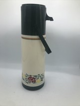 Vintage Aladdin Green Floral Pump-a-Drink 1 Quart Coffee Thermos Camping Beige - £22.45 GBP