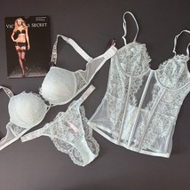 Victoria&#39;s Secret 34B Bombshell Bra Set+M Corset+S Panty Mint Lace Shine Strap - £150.81 GBP