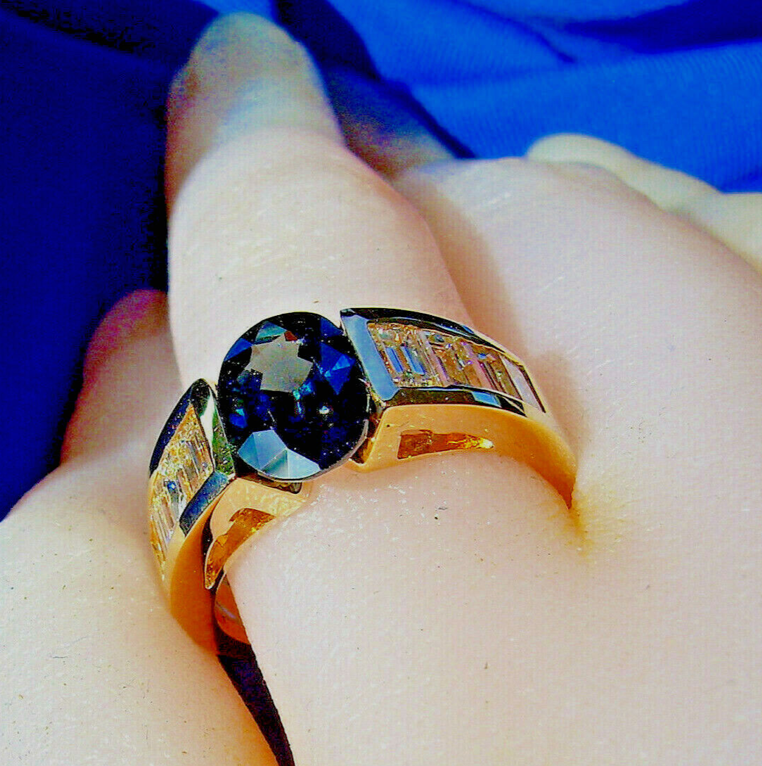Earth mined Sapphire Diamond Engagement Ring 4 carat Deco Style Solitaire 18k Item image 11