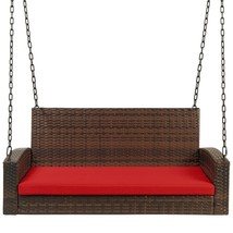 Brown Wicker Hanging Patio Porch Swing Bench w/ Mounting Chains and Red Seat ... - £281.02 GBP