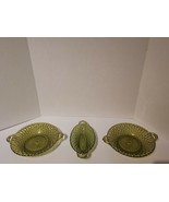 3 Vintage avocado green glass bowls with double handle and honeycomb pat... - $23.38
