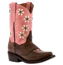 Kids Western Boots Flower Embroidered Grain Leather Pink Snip Toe Botas ... - £40.98 GBP