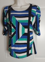 ALFANI Geometric Pullover Tunic Ruched Sleeve Gathered Sides Blouse Size PS - £11.12 GBP