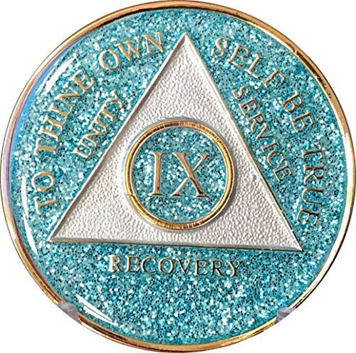 9 Year AA Medallion Aqua Blue Glitter Tri-Plate Turquoise Bling Bling Chip IX
