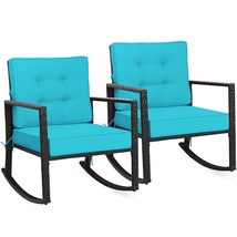 2Pcs Patio Rattan Rocker Chair Outdoor Wicker Rocking Chair W/Turquoise Cushion - £291.14 GBP