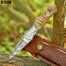Damascus Folding Double Edge Blade Pocket Knife - Dagger - Ram Horn Handle - $35.64