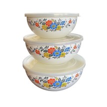 Vintage Set of 3 Kobe Kitchen Enameled Floral Nesting Mixing Bowls With ... - £58.25 GBP