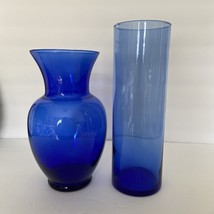 LARGE VINTAGE DEEP COBALT BLUE GLASS VASE 11 x  6 .5”  Matching Cylinder... - $42.08
