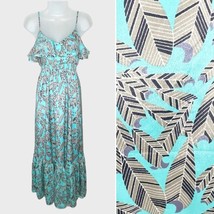 MM COUTURE x MISS ME Tiffany Blue Feather Boho Print Ruffle Maxi Dress S... - $37.74