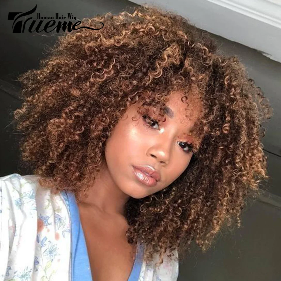 Big Afro Kinky Curly Bob Human Hair Wigs 250D Highlight Brown Short Kink... - £58.37 GBP+