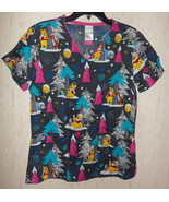 NWT WOMENS Disney Winnie the Pooh WINTER FUN NOVELTY PRINT SCRUBS TOP  S... - $31.79 CAD