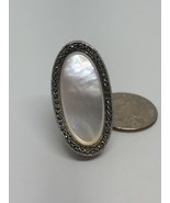 Vintage Sterling Silver 925 Thailand Marcasite Mother Of Pearl Ring Size 7 - £78.65 GBP