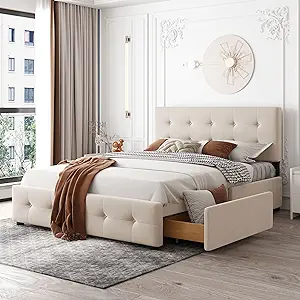 Queen Size Upholstered Platform Bed With Classic Headboard And 4 Drawers... - $594.99