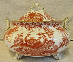 Antique 1937 Royal Crown Derby Red Aves Soup Tureen and 14” Round Platter  - £317.69 GBP