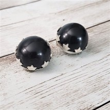 Vintage Clip On Earrings - Black Domed with Silver Tone Leave Detail - £10.35 GBP
