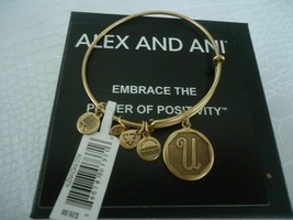 New Alex And Ani Initial U Gold Charm Bangle Bracelet Nwt &amp; Card - £10.23 GBP