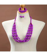 Wooden Women&#39;s Boho Chic Necklace Earring &amp; Bracelet Beaded Set Purple NEW - $35.71 CAD