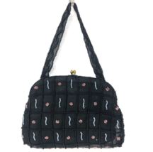 Micro Beaded Black Evening Bag Pink &amp; Blue Floral Kislock VTG Made in Belgium - £20.57 GBP