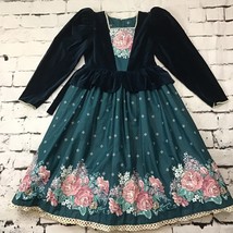 Daisy Kingdom Vintage Dress Girls Sz 12 Green Velvet Holiday Floral Flaws - $247.49