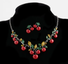 New Fashion Fashion Red Cherry Enamel Pendant Chain Women Necklace Earring Set - £14.89 GBP