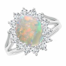 ANGARA Oval Opal Triple Shank Floral Halo Ring for Women in 14K Solid Gold - £1,871.64 GBP