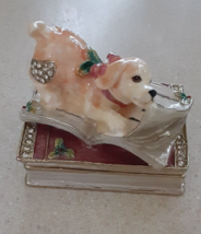 Vintage small jewelry box in vintage gold tone dog read book inside tiny... - £31.01 GBP
