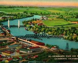 Vtg Linen Postcard - Sacramento River and Bridges Birds Eye View - Unused - $13.81