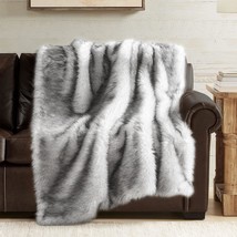 Long Pile Faux Fur Throw Blanket, Luxury Fluffy Wolf Grey With Black Tipped Blan - £81.52 GBP