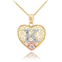 10k Solid Gold Initial Letter K Heart Filigree CZ Pendant Necklace - $179.90+