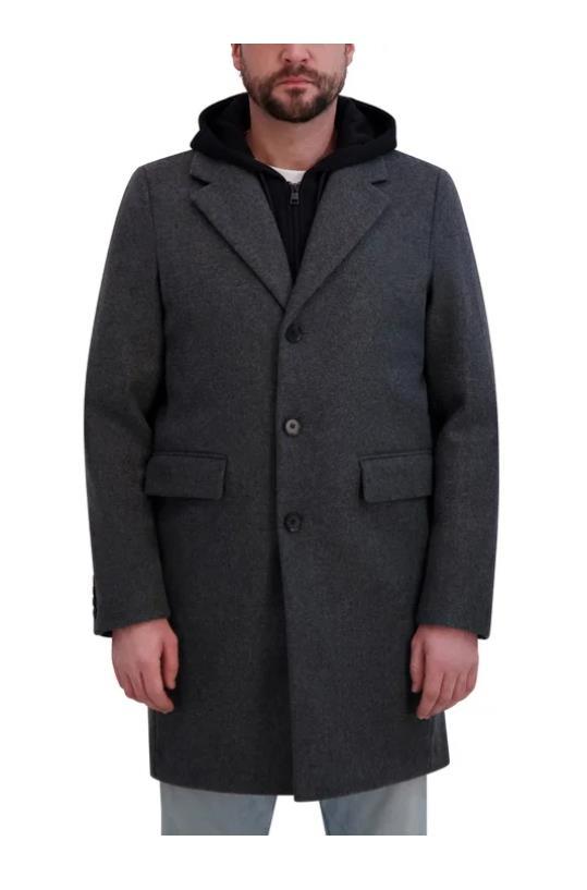 DKNY Mens Overcoat Gray Faux Wool Pockets Removable Bib Hood Heavyweight Item image 5