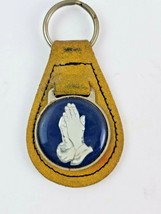 Vintage Praying Hands leather keychain keyring metal back Yellow - $10.29