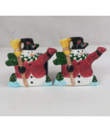 Vintage Christmas Snowmen Holding Brooms With Blue 3&quot; Salt &amp; Pepper Shakers - $20.36 CAD