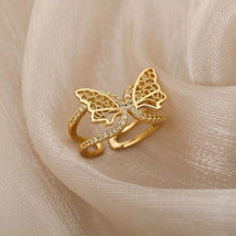 2Ct Round Simulated Diamond Women&#39;s Butterfly Ring 14K Yellow Gold Plated Silver - £94.10 GBP