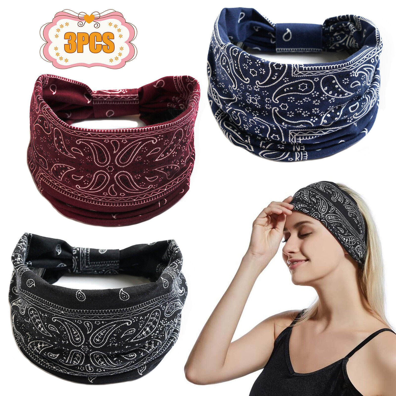 Primary image for 3pcs Boho Headbands Hair Bands Leopard Knotted Turban Wraps Stripe Cloth Elegant