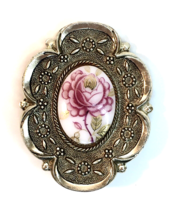 Vintage Gold Tone &amp; Pink Transferware Flower Cameo Scarf Clip - £18.56 GBP