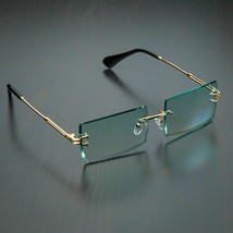 Green Tint Vintage Gold Frame Rimless Shades Retro Rectangular Mens Sunglasses - £15.39 GBP